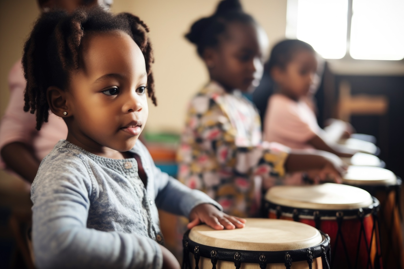 young children in a row drumming