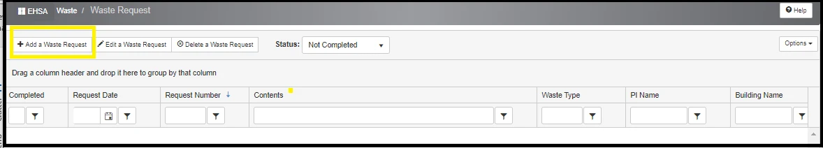 "Add a Waste Request" button highlighted