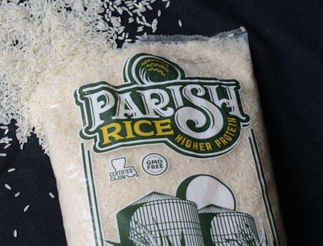 bag of Parish Rice spilling its contents