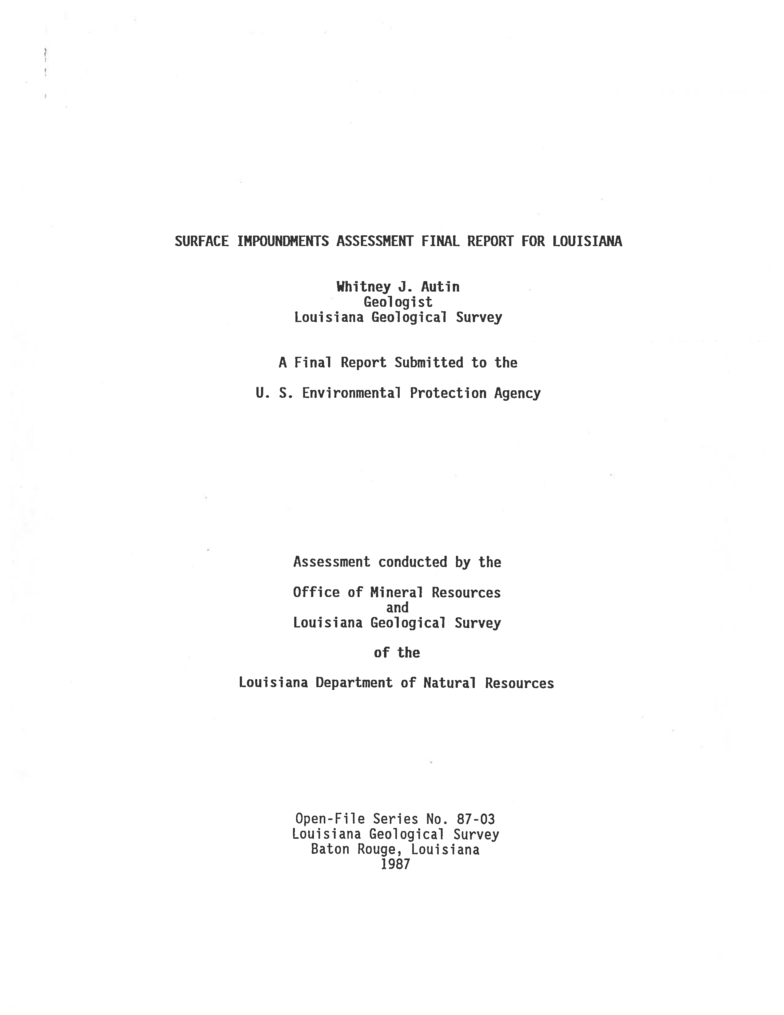 87-03 Surface Impoundments Assessment Final Report for Louisiana.